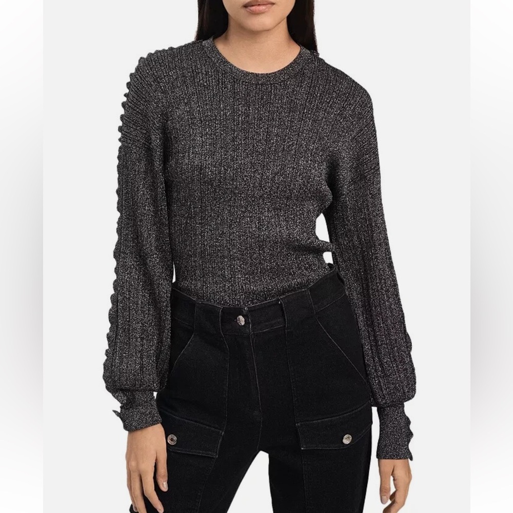 Derek Lam 10 Crosby Black Silver Lenon Metallic Threaded Ruffle Sweater sz XS